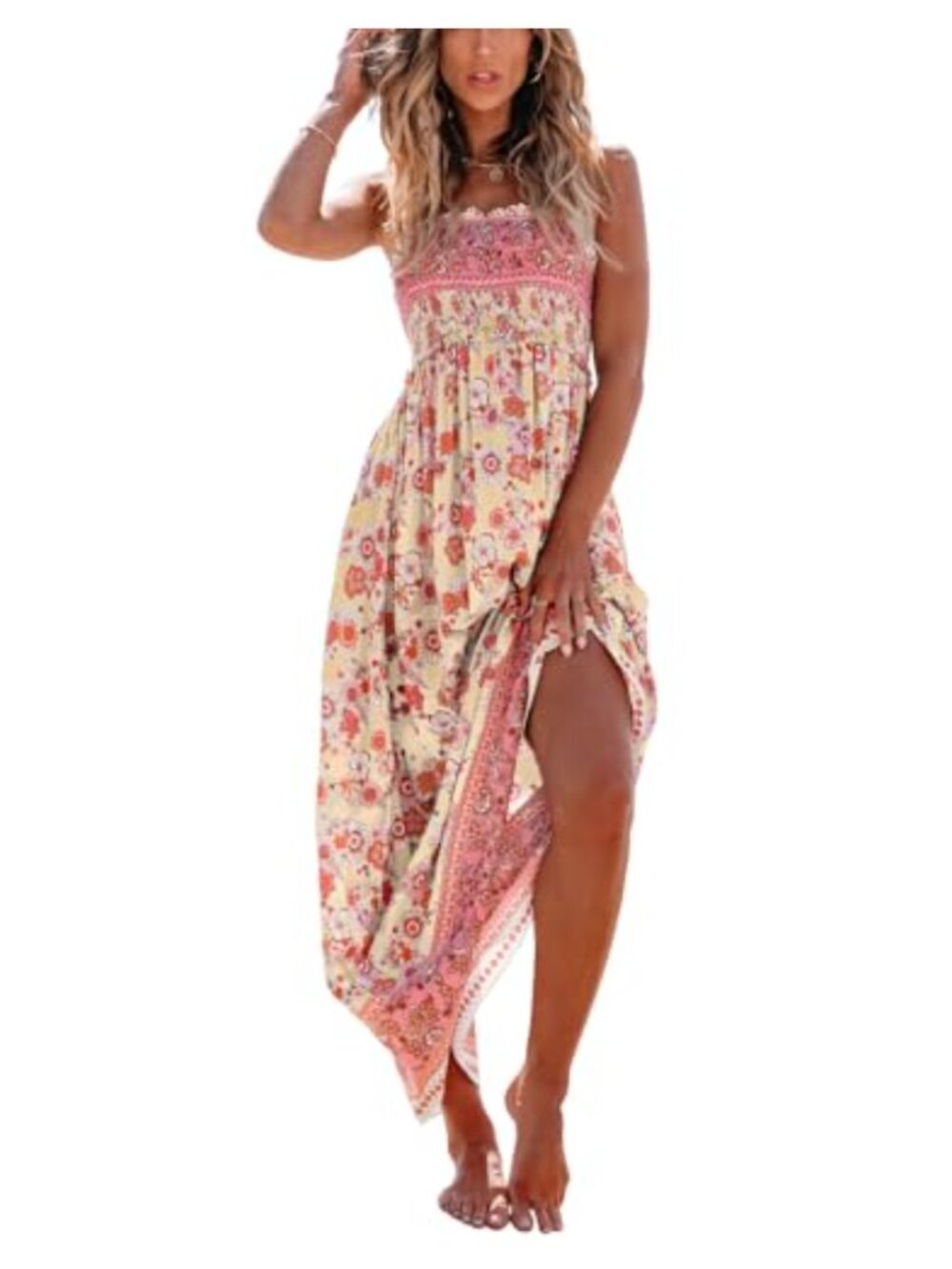 Boho Floral Smocked Maxi Dress Sleeveless Adjustable Spaghetti Straps Summer